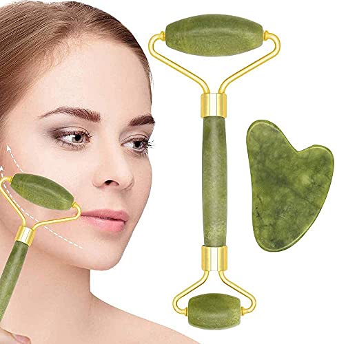 Piedra Gua Sha y rodillo de jade – antiarrugas 2 pcs