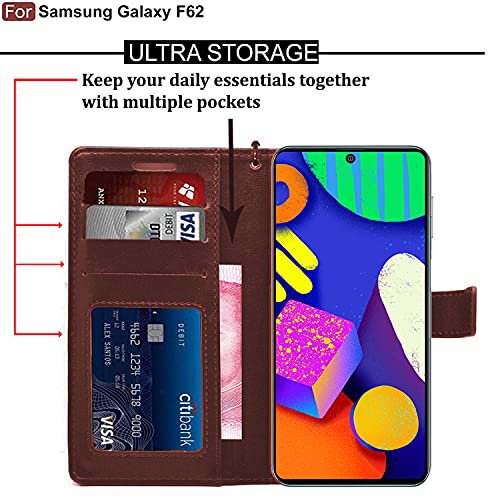 Image of CEDO Flip Cover for Samsung Galaxy F62 (4G) | Leather Finish | Inside Pockets & Inbuilt Stand | Shockproof Wallet Style Magnetic Closure Back Case Flipcover (Brown)