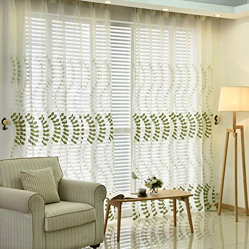 2 Panels Voile Curtains Green Leaf Embroidery Sheer Curtains Pencil Pleat Drapes Curtains for Living Room/Bedroom/Balcony,W175xL140cm - Image 2