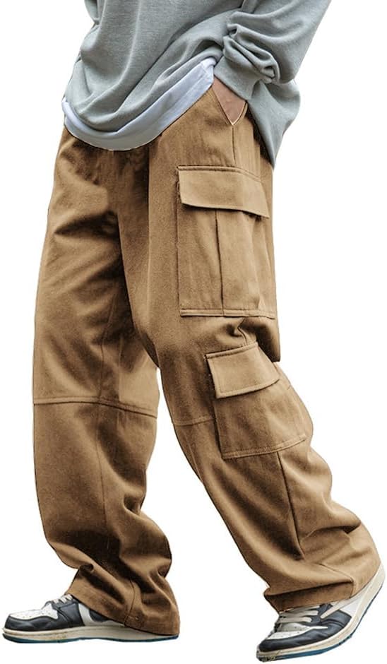 THWEI Mens Cargo Pants Drawstring Elastic Waist Casual Baggy Pant Streetwear Multi Pockets Khaki 2XL - Image 2