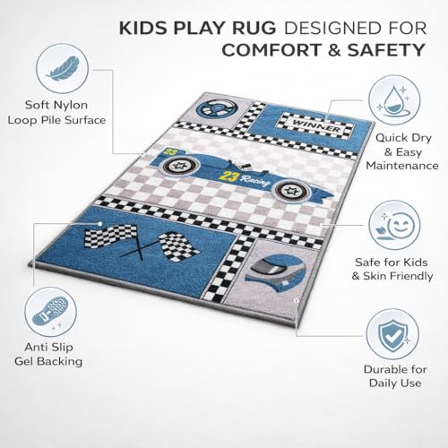 Image of Matz&More Kids Play Area Rug | 100x150 cm | Blue Grey Tiny Racer Checkered Design | Soft Nylon Loop Pile Carpet with Anti-Slip Backing | Children's Play, Bed & Classroom Floorings