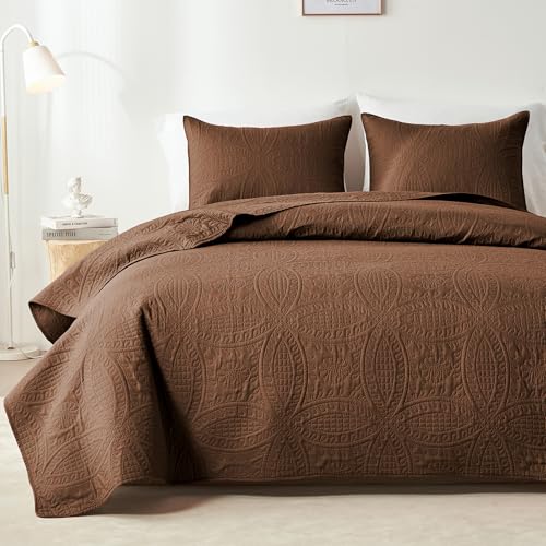 akkialla Full/Queen Quilt Bedding Set,Brown Ultrasonic Quilt Set,Lightweight Soft Bedspread Coverlet,Modern Style Coin Pattern Bed Cover for All Seasons,3 Piece(1 Quilt,2 Pillow Shams)