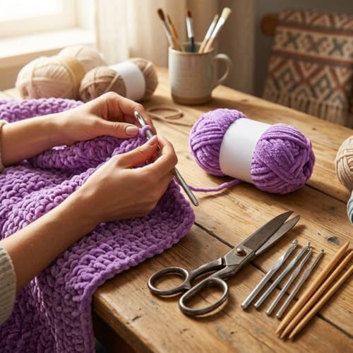 Image of Soft Chenille Yarn 100 gm Velvet Wool Oon for Crochet Knitting DIY Craft Multipurpose Yarn Ball for Blanket Scarf Cushion Making (Purple)
