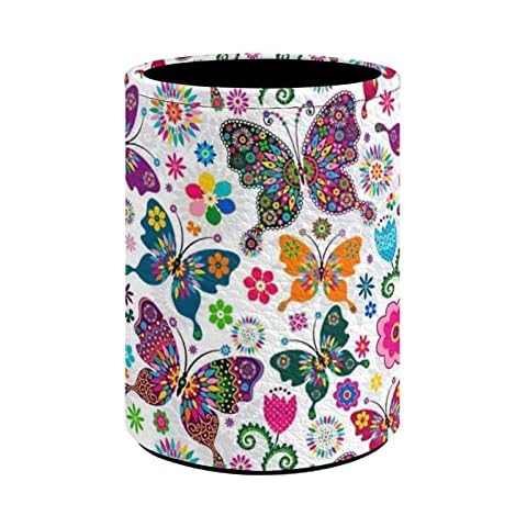 BIGCARJOB Butterfly Print Girls Womens Pencil Holder Stationery School Desk Organizer Colorful Butterfly Pen Holder for Desk,PU Leather Pen Holder Makeup Brush Holder Storage Box Cover