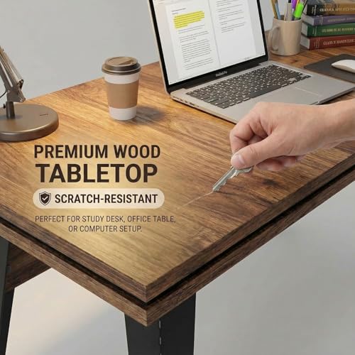 Image of FFO Office Table for Home | Wooden Study Table for Home Office | 1-Year Warranty | Large Computer Desk with Metal Legs | Modern Workstation for Students & Professionals - Rustic Brown DIY.
