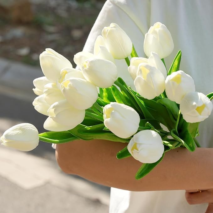 Image of Garden Art Artificial Tulip Flowers (Pack of 5) | Real Touch Silicone Single Stem Tulips for Home Decor, Living Room, Office, Vase & Wedding Decoration GAASTFB-1H-33CR (Cream)