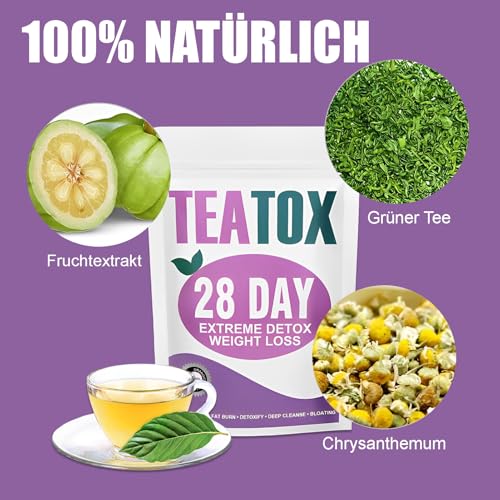 28 Tage Detox Tee - Natürliche Kräutermischung mit Grüner TEE - Chrysanthemenextrakt - Fruchtextrakt - Sanfte Entgiftung - Körper Formender Tee - Für Männer Frauen