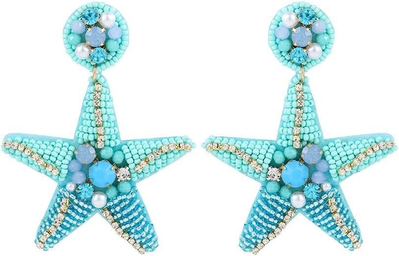 Handmade Boho Beaded Drop Earrings Turtle Starfish Conch Shell Seed Dangle Earrings for Women Bohemian Summer Beach Jewelry