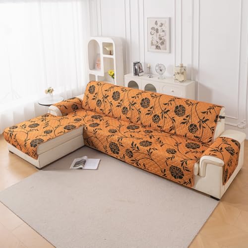 Image of HOKIPO 'Elira Series' Printed Quilted One-Piece L Shape 4 Seater (2+2) Sofa Cover Mat with Left Chaise | Anti-Slip Backing & SecureFit Belt, Copper Brown Floral (AR-5373-C8)