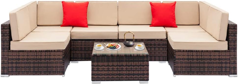 HEALTHYLIFE Outdoor Furniture All-Weather Sectional Wicker Sofa Set 7 PCs Patio Rattan with Washable Cushions and Coffee Table (Beige)