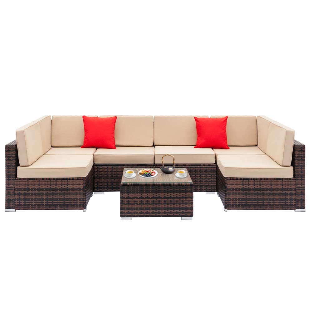 HEALTHYLIFE Outdoor Furniture All-Weather Sectional Wicker Sofa Set 7 PCs Patio Rattan with Washable Cushions and Coffee Table (Beige)