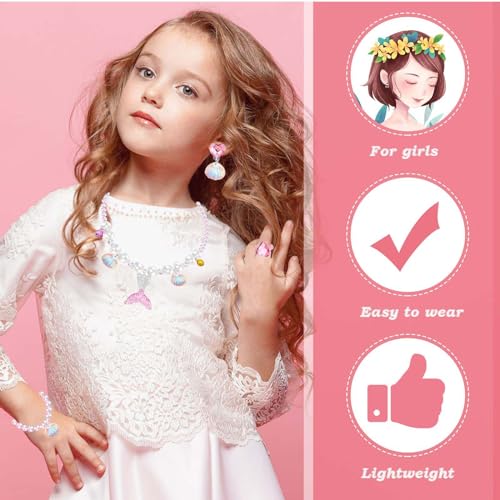 Jewelry Set For Girls Necklace Bracelet Earring ring Set Mermaid Necklace For Girls Jewelry Set Halloween Christmas Birthday Gift over 3 years old.2