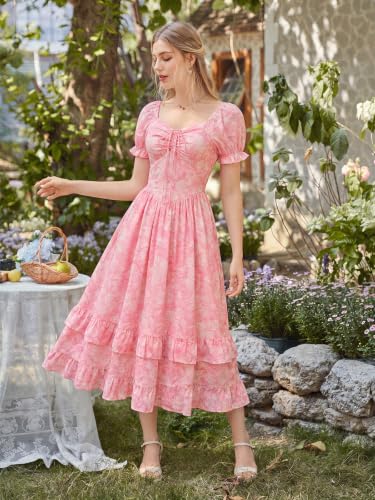 Image of Scarlet Darkness Women Floral Maxi Dress Puff Sleeve Tea Party Corset Dress | Pockets, Ruched Bust, Ruffled Hem, for Cottagecore Fairy Milkmaid Vacation