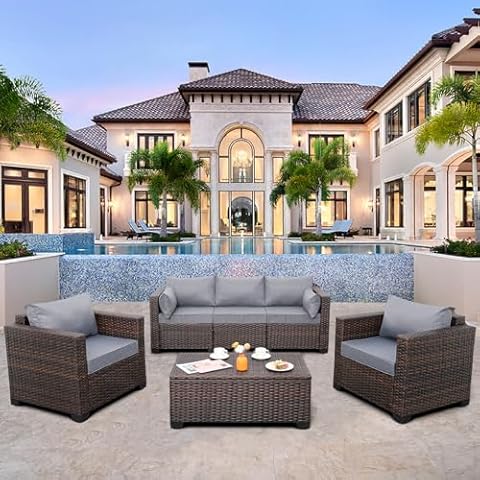 Valita Patio Rattan Furniture Set 4-Piece Outdoor PE Wicker Conversation Couch, Brown Sectional Sofa Couch with Storage Coffee Table Non-Slip and Washable Grey Cushions Cover