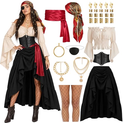 GERVAISE Renaissance Costume Women Pirate Outfits Medieval Halloween Tops Skirt Full Set (Black,...