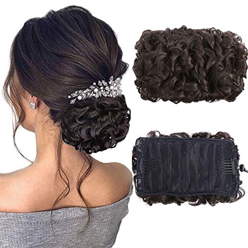 MORICA Messy Bun Ponytail Extension Curly Wavy Dish Bun Hairpiece Clip in Drawstring Ponytail Hair Pieces for Women (Darkest Brown-4#)