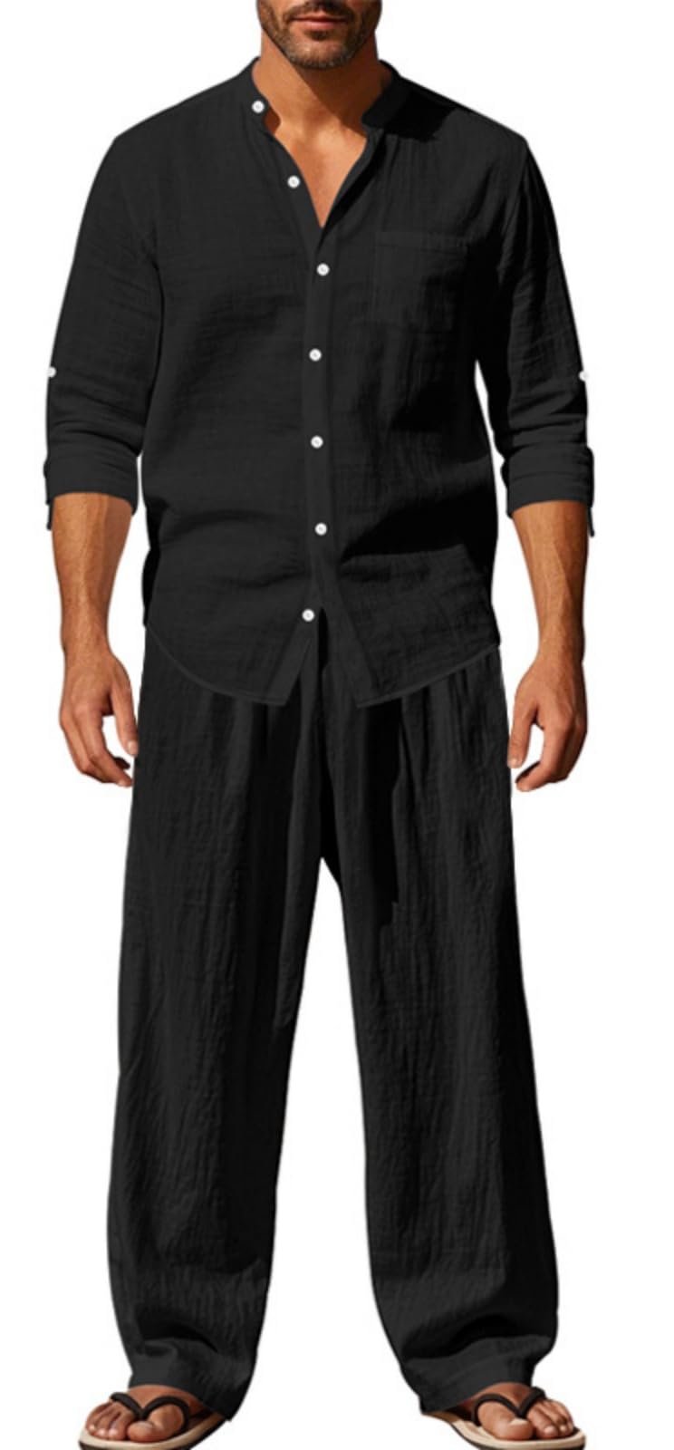 PADOLA Survêtements Homme Lin 2 Pièce Ensemble Jogging Ete Chemise Manches Longues avec Poche Poitrine Décontracté Combinaison de Sport Taille Elastique Pantalon de Plage Vacances Set