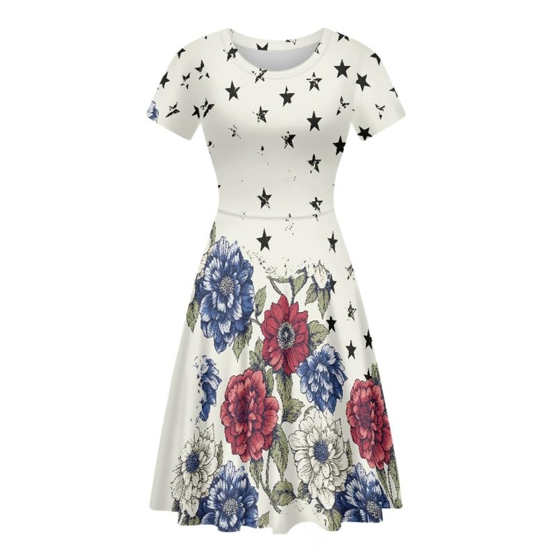 Image of Irisjudy T Shirt Dress for Women Short Sleeve Girls Short Sleeve Dress Plus Size, O Neck Knee Length Midi Dress for Ladies