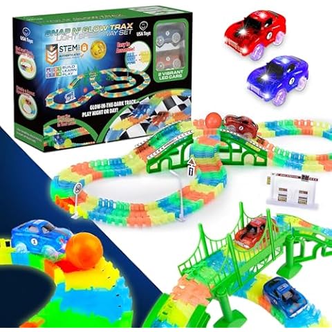 USA Toyz Glow in The Dark Car Race Tracks for Kids- Speedway Race Car Track Set with 360pk Rainbow Flexible Roads, 2 Light Up Toy Cars, Bridges, Ramps, STEM Building Toys for Boys and Girls Ages 3+ Cover