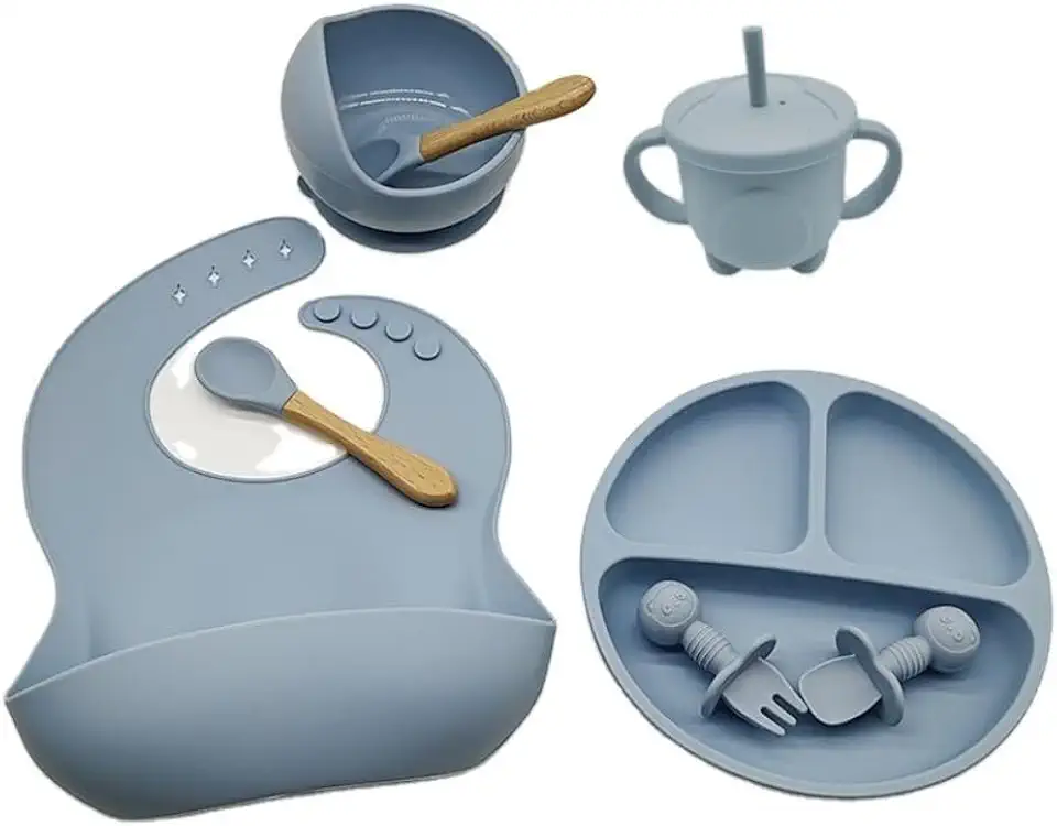 Kit Introdução Alimentar Bebê Silicone 8 Peças Prato Bowl Copo Babador Talheres - BPA Free (Azul)