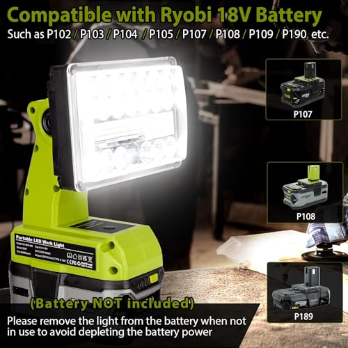 Image of 28W 2000LM Cordless LED Work Light for Ryobi One 18V Battery Portable Flood Lights for Outdoor Indoor Workshop Job Site, Floodlight & Spotlight Modes /Pivoting Head /USB Port(No Battery)