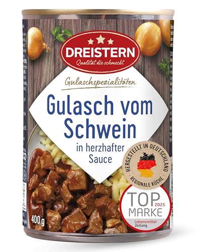 DREISTERN Schweinegulasch 400g I Mit pikanter Sauce I Herzhaftes Fertiggericht in recyclebarer Konservendose I Lange Haltbarkeit dank natürlicher Konservierung I Hausmacher Qualität