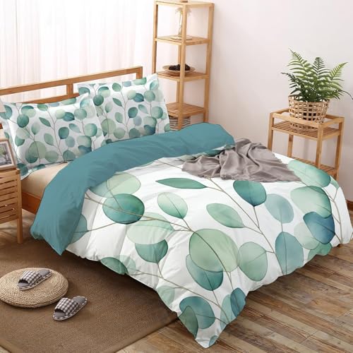 Housse de couette zippée turquoise motif eucalyptus en microfibre durable - 3