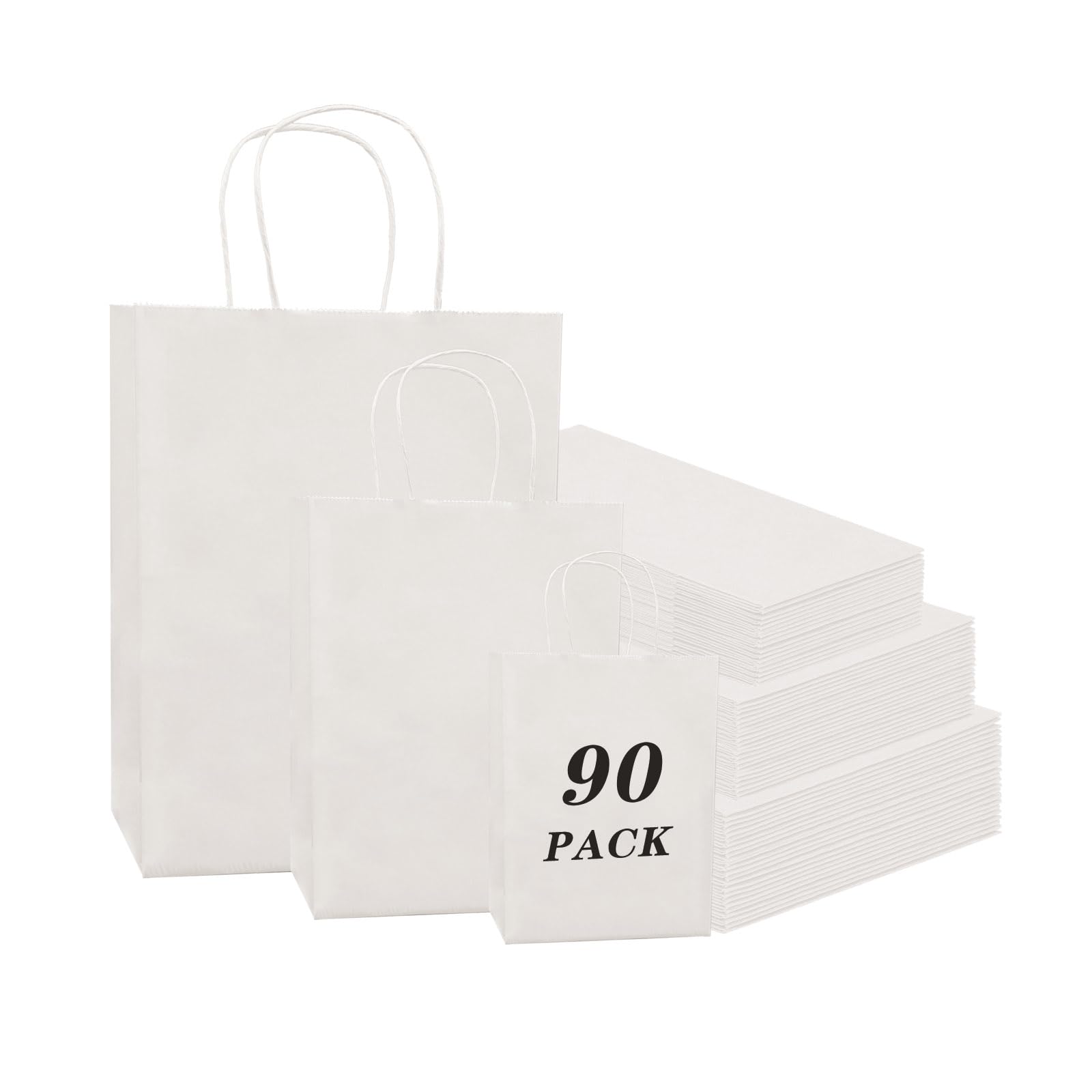 FACEBAG 90-Pack White Kraft Paper Bags with Handles Bulk, Assorted Sizes Gift Bags for Favors Grocery，Retail，Party，Festival，Wedding，Birthday，Shopping，