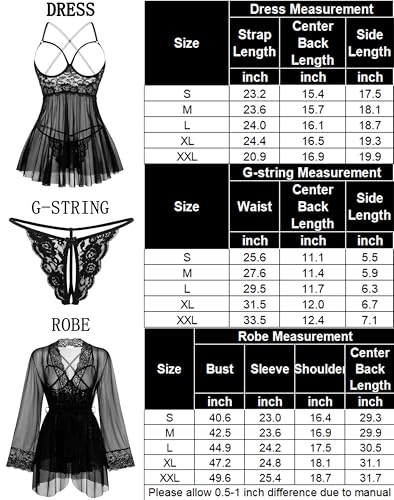 Avidlove Women Sexy 3 Piece Lingerie Set Sheer Mesh Nightgown with Thong Lace Kimono Robe Sexy Chemise Dress