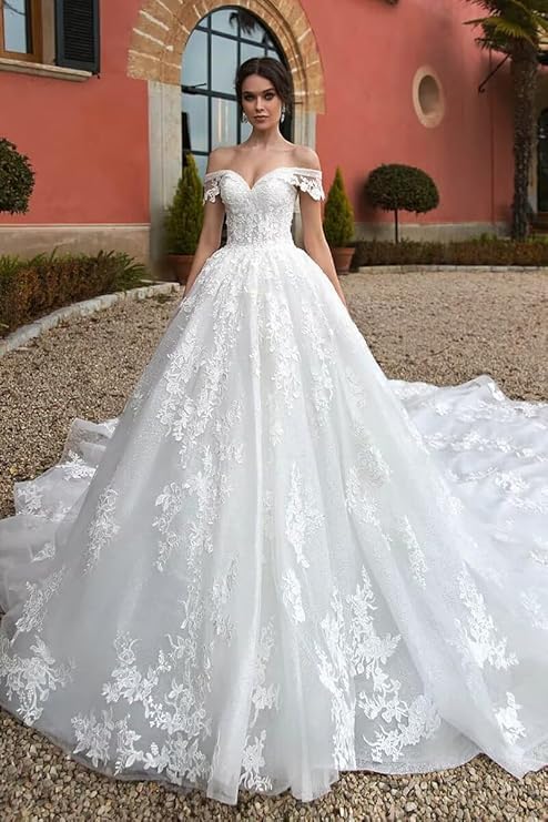 Off Shoulder Lace Applique Wedding Dress for Bride Strapless A-Line Tulle Bridal Ball Gown with Corset