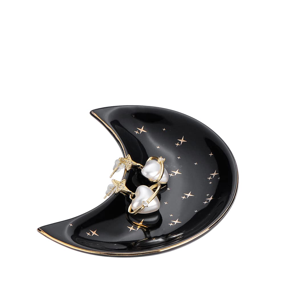 JAMEND CLXPJAMEND CLXP Small Moon Jewelry Tray, Shining Stars Engagement Ring Tray, Black Ring Dish for Women Girls in Vanity Bathroom. Decorative Trinket Tray for Organizing Necklace Earrings Keys, Ceramic.