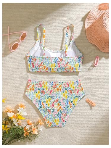OYOANGLE Girl's Two Piece Floral Smocked Bikini Set High Waisted Bathing Suit Scoop Neck Beachwear2