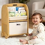 EZ2LIVE 2-Sided, 3-Tier Bamboo Kids Bookshelf, Montessori Shelf with Safe Wheels and Large Storage Drawer, Toddler Bookcase Nursery Book Shelves and Toy Storage for Baby Rooms Playroom Kindergarten