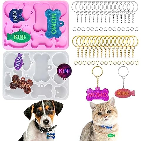 2 Pcs Pet Tag Resin Mold Silicone Kit, AIFUDA Tag Mold Keychain Mold with 30 Pcs Keychains for DIY Crafts Making Tag Charm Pendant, Dog Bone&Cat&Fish&Round Shaped Cover