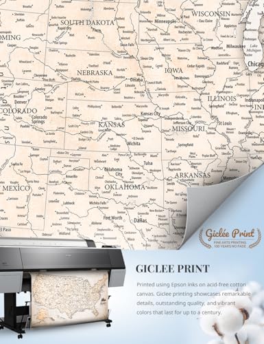 Image of IPIC - Vintage USA Canvas Wall Art, Oversize Travel Map Print for Home, Office, or Study, Push Pin Board Decor for Travel Lovers, Ready to Hang