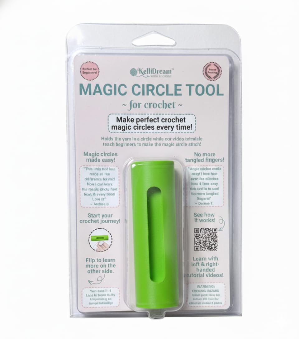 KelliDream Original Magic Circle Crochet Tool w Right & Left-Handed Step by Step Online English Instructions & Video, Learn How to Make a Magic Circle Stitch w All Yarn Sizes (Green)