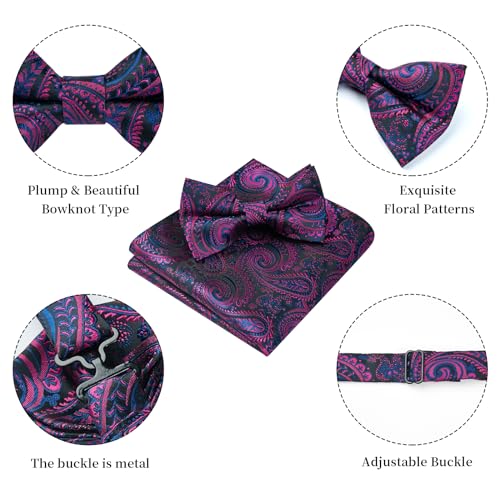 Image of HISDERN Bow Ties for Men Paisley Floral Pre-tied Bowtie Pocket Square Set Men's Formal Bow Ties Wedding Party