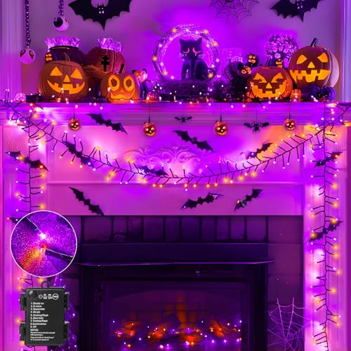 Brightown Battery Operated Halloween Lights Outdoor, 10FT 120 LED Orange and Purple Halloween Cluster Lights with Timer, 8 Modes Waterproof Twinkle Fairy String Lights for Indoor Decorations - image 1