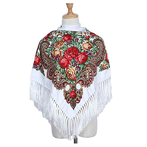 Women Russian Style Scarf Shawl, Floral Printed Long Tassel Large Square Scarf, Traditional Floral Neck Head Shawl
