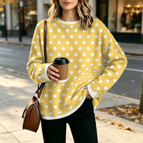 Sweatshirt for Women Crew Neck Waffle Knit Long Sleeve Polka Dot Sweatshirt - image 5