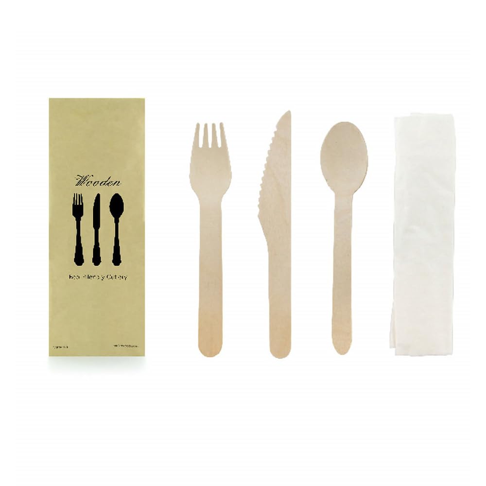 250 kits de couverts 4 en 1 jetables en bois fourchettes + couteaux + cuillères +serviettes
