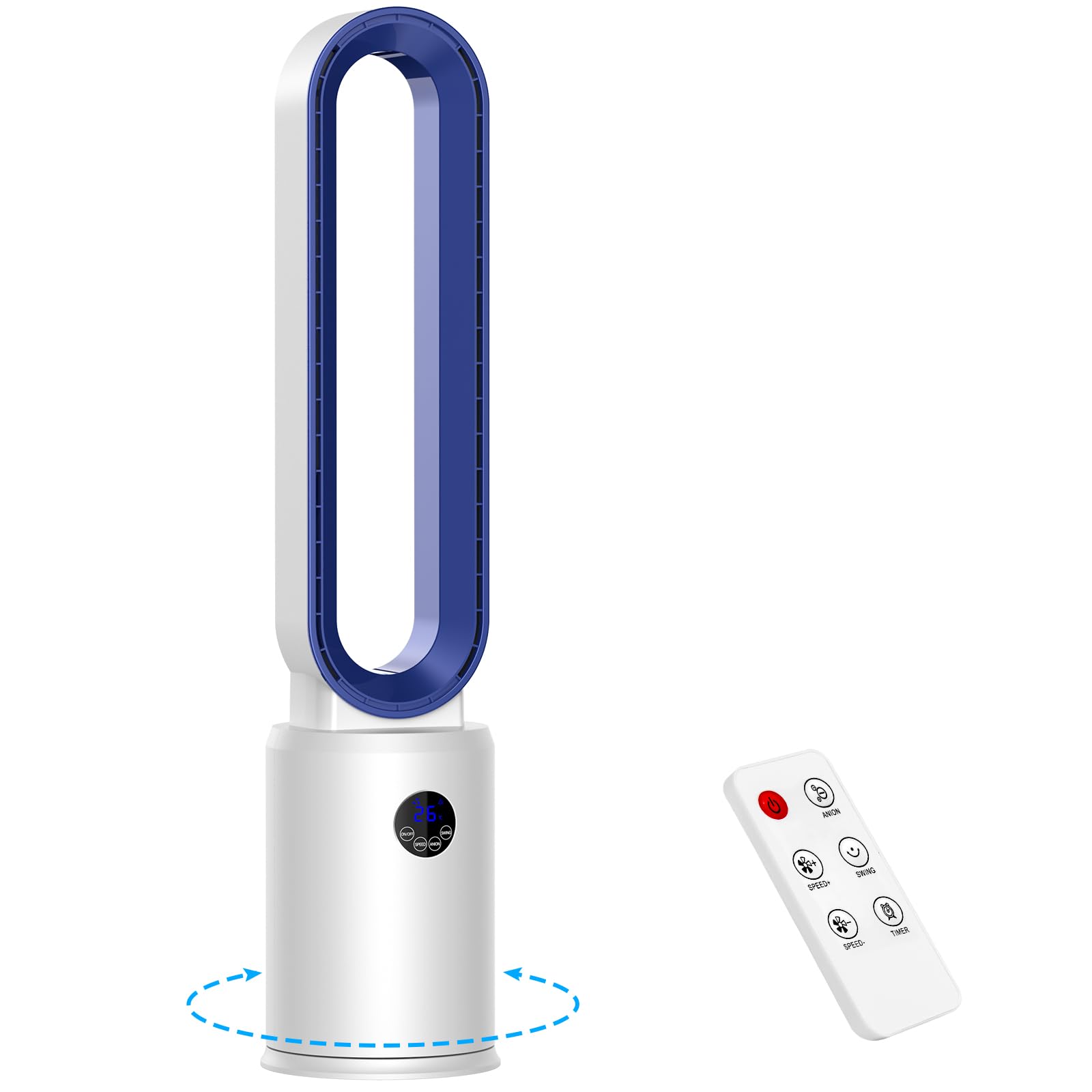 YAZEKY Ventilatore a Torre Senza Pale,Ventilatore a Colonna Silenzioso con Telecomando,3 Velocità,Oscillazione 60°,Display LED,Timer 8 Ore,97 cm Ventilatore Potente per Ufficio,Soggiorno,Bianco 70 m²