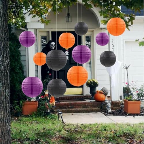 Image of Orange Purple Black Paper Lanterns Decorative 12pcs Halloween Hanging Decorations for Graduation Thanksgiving Birthday Party Decorations