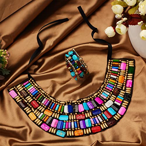 Bonuci 2 Pcs African Jewelry for Women African Chunky Choker Necklace Multicolour Bohemian Beads Jewelry Sets Rainbow Chunky Layered Beaded Bib Necklace for Women2