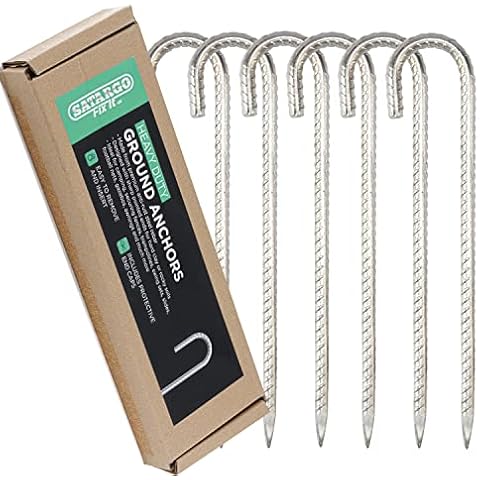 Satargo Galvanized Steel Heavy Duty Tent Pegs for Hard Ground - 12" Metal Rebar Pegs for Tent Trampoline Gazebo - 10mm Thick Metal J Ground Stakes Anchors Pegs with Silicone End Caps (4) Cover