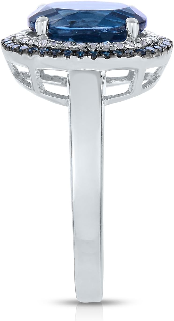 14K White Gold Genuine London Blue Topaz 3.5 Ct with Color Diamonds Ring - Image 3