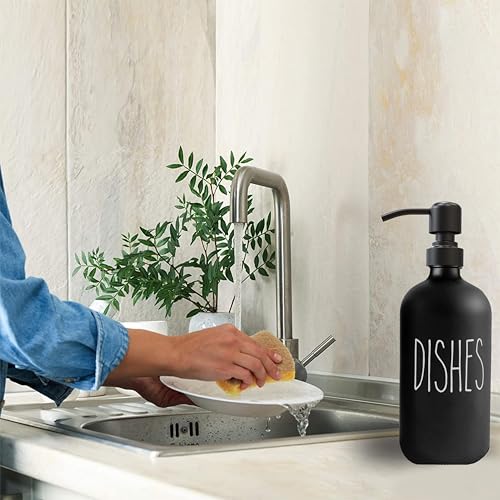 Image of Sunrise Premium 16 OZ Thick Black Glass Soap Dispenser, Matte Black Stainless Steel Pump 2 Pack, Hand and Dish Soap Dispenser Set for Bathroom with 6 Waterproof Labels