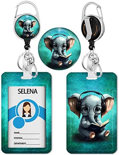 Cute Elephant Badge Holder with Retractable Reel, Id Card Work Badge Holder with Clip Heavy Duty, Vertical Card Name Tag Badge Cover Case Protector for Work Office Nurse Teacher Women Gifts
