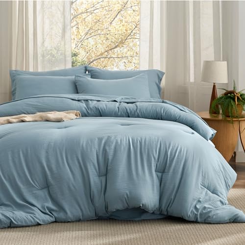 Image of Bedsure Dusty Blue Full Bed Comforter Sets, Soft Prewashed Bedding for All Seasons, 7 Pieces Alternative Bed Set, Breathable Bed in a Bag with Comforters, Sheets, Pillowcases & Shams