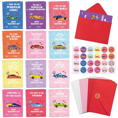 TICIAGA 72pcs Valentine’s Day Racing Car Greeting Cards with Envelop
